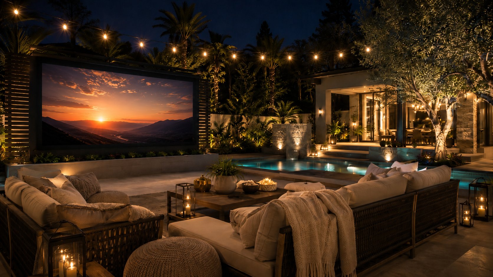 Premium outdoor cinema with fire pit and guests