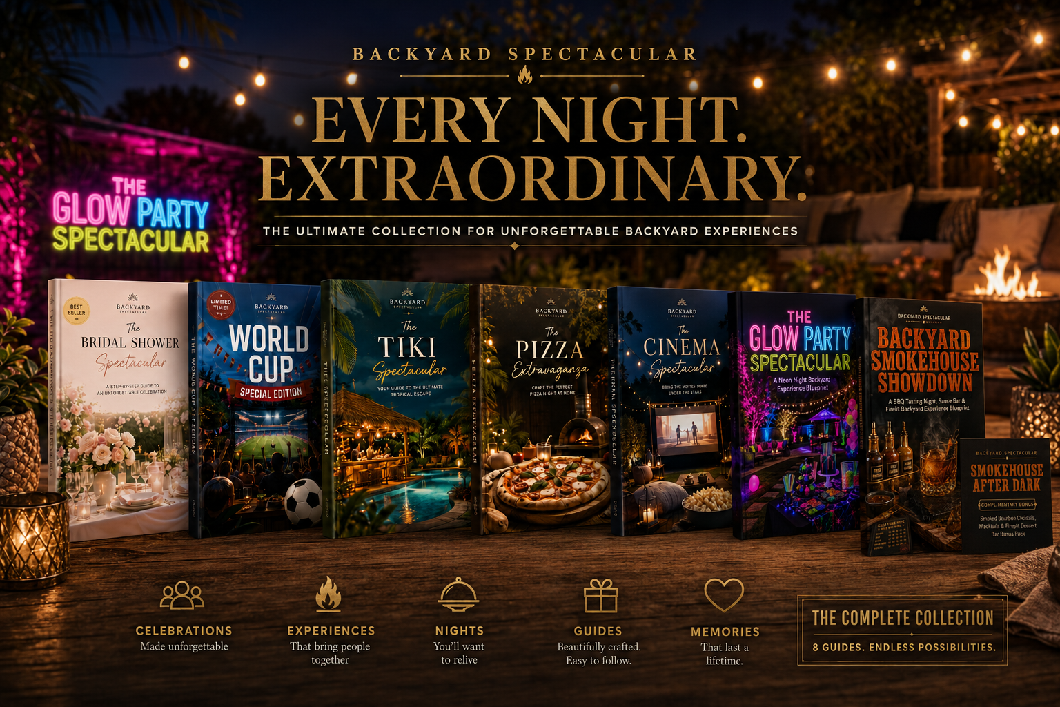 The Backyard Spectacular collection — 7 blueprint covers including Bridal Shower, World Cup, Tiki, Pizza, Cinema, Glow Party, Smokehouse Showdown and the Smokehouse After Dark bonus