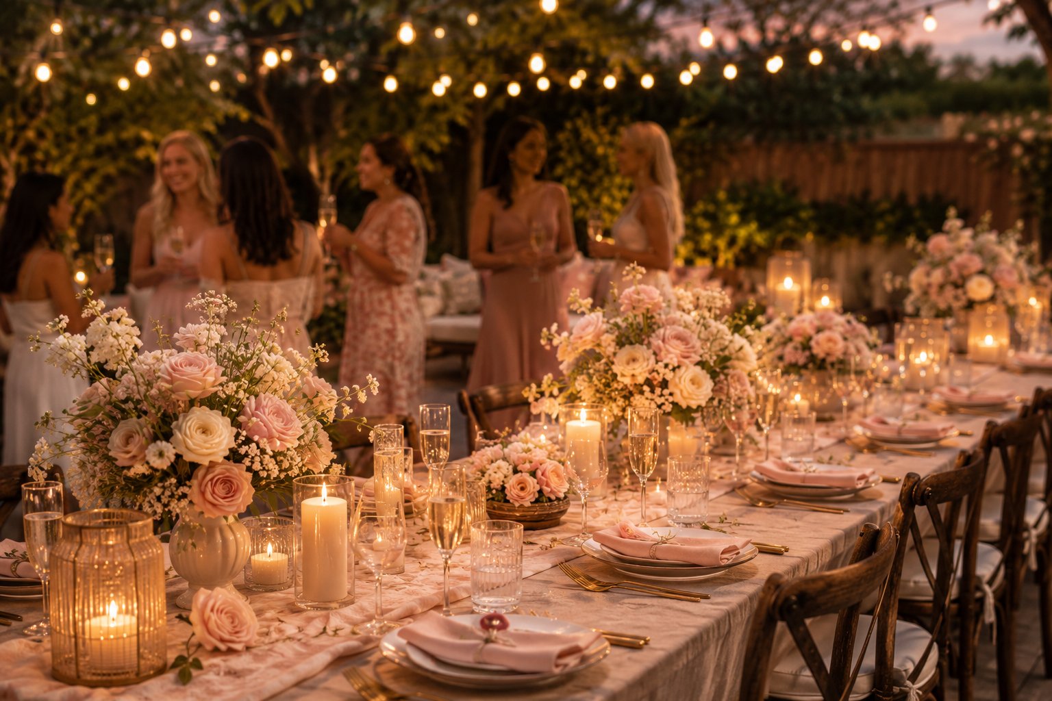 Elegant backyard bridal shower with guests, florals, and string lights at golden hour