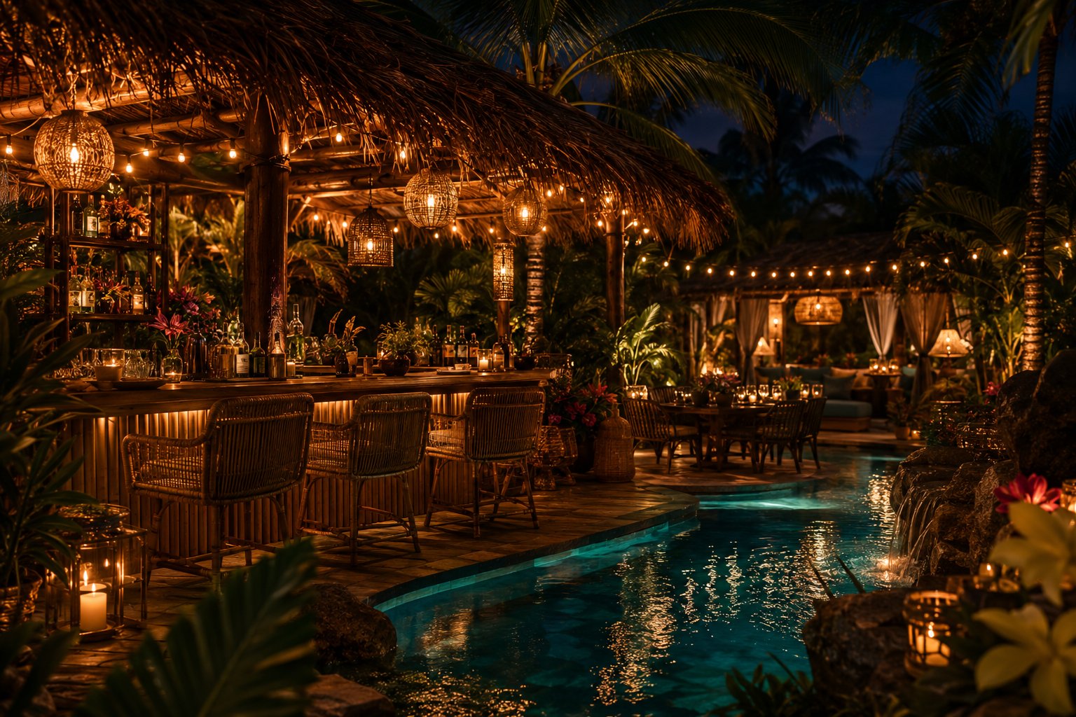 Immersive backyard tiki bar with thatched roof, string lights, and glowing pool at night